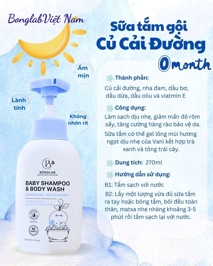 Sữa tắm gội toàn thân Baby Shampoo &Body Wash Củ Cải Đường Bonglab 270ml