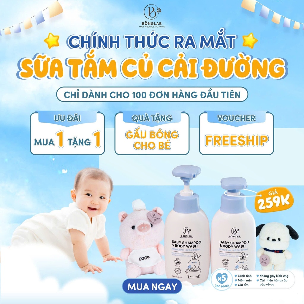 Sữa tắm gội toàn thân Baby Shampoo &Body Wash Củ Cải Đường Bonglab 270ml